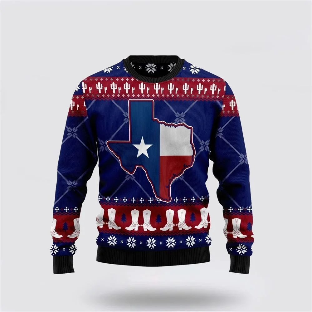 Texas Map And Cowboy Boots Pattern Ugly Christmas Sweater, Farm Sweater, Christmas Gift, Best Winter Outfit Christmas