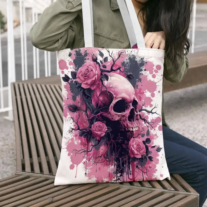 Halloween Women’s Cotton Flower Skull Streetwear Square Open Shoulder Bag