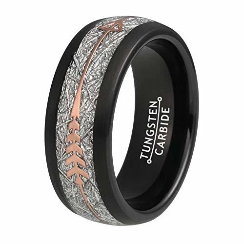 Women's Or Men's Tungsten Carbide Wedding Band Matching Rings,Black Tone Ring with Rose Gold Cupid's Arrow over Inspired Meteorite Inlay,Tungsten Carbide Domed Top Ring With Mens And Womens Rings For 4MM 6MM 8MM 10MM