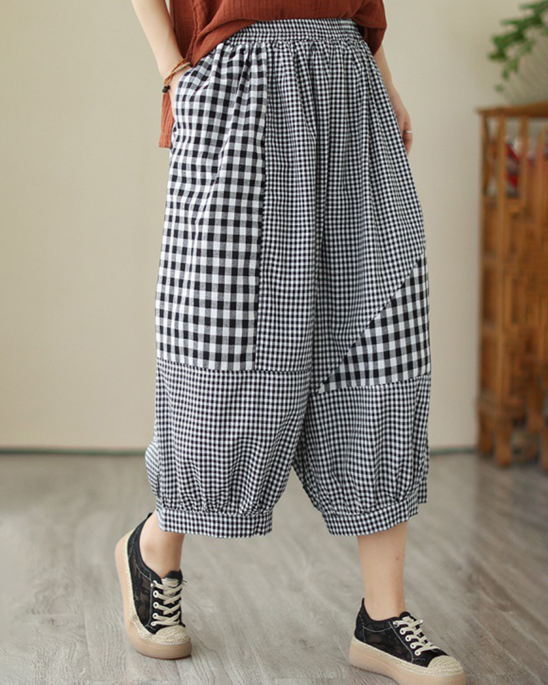 Patchwork Gingham Pattern Elastic Waistband Loose Pants