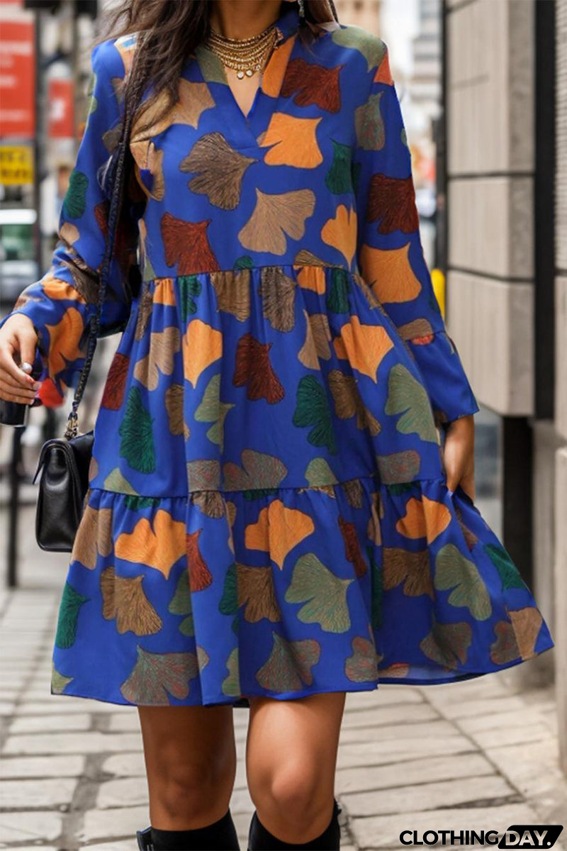 Casual Vintage Print Flounce V Neck Printed Dress Dresses