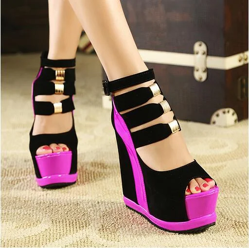 Canrulo Shoes Summer Genuine Women Platform Thick Soles Sandals Wedges High heel 14cm Peep Toe Mixed Colors Sexy Shoes uij89