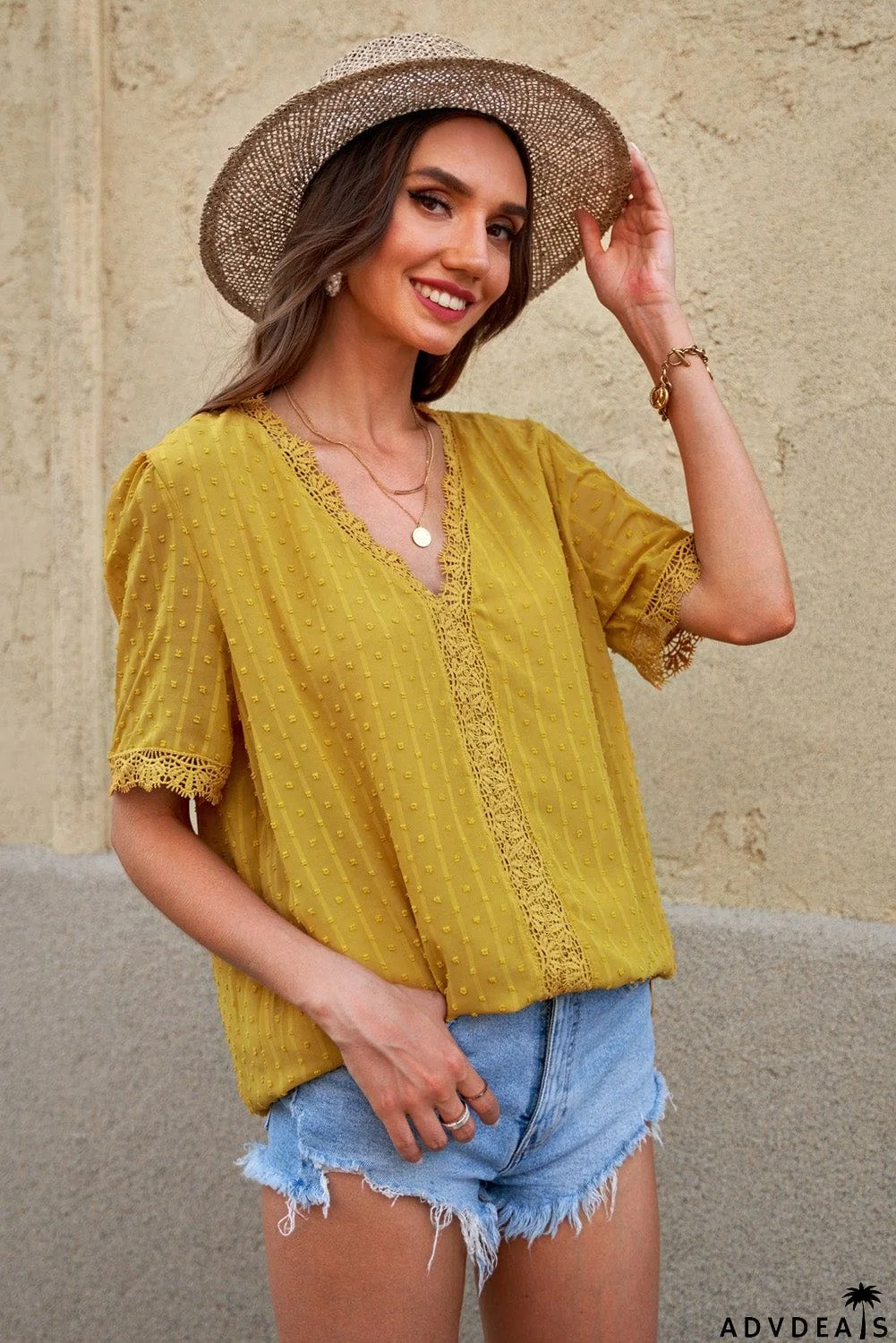 Chic Yellow Lace Splicing V-Neck Swiss Dot Short Sleeve Blouse