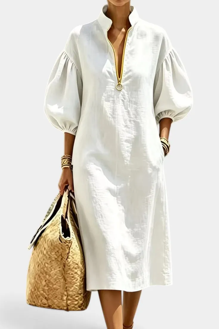 Midi Dress with Zip Neck and Puff Sleeves