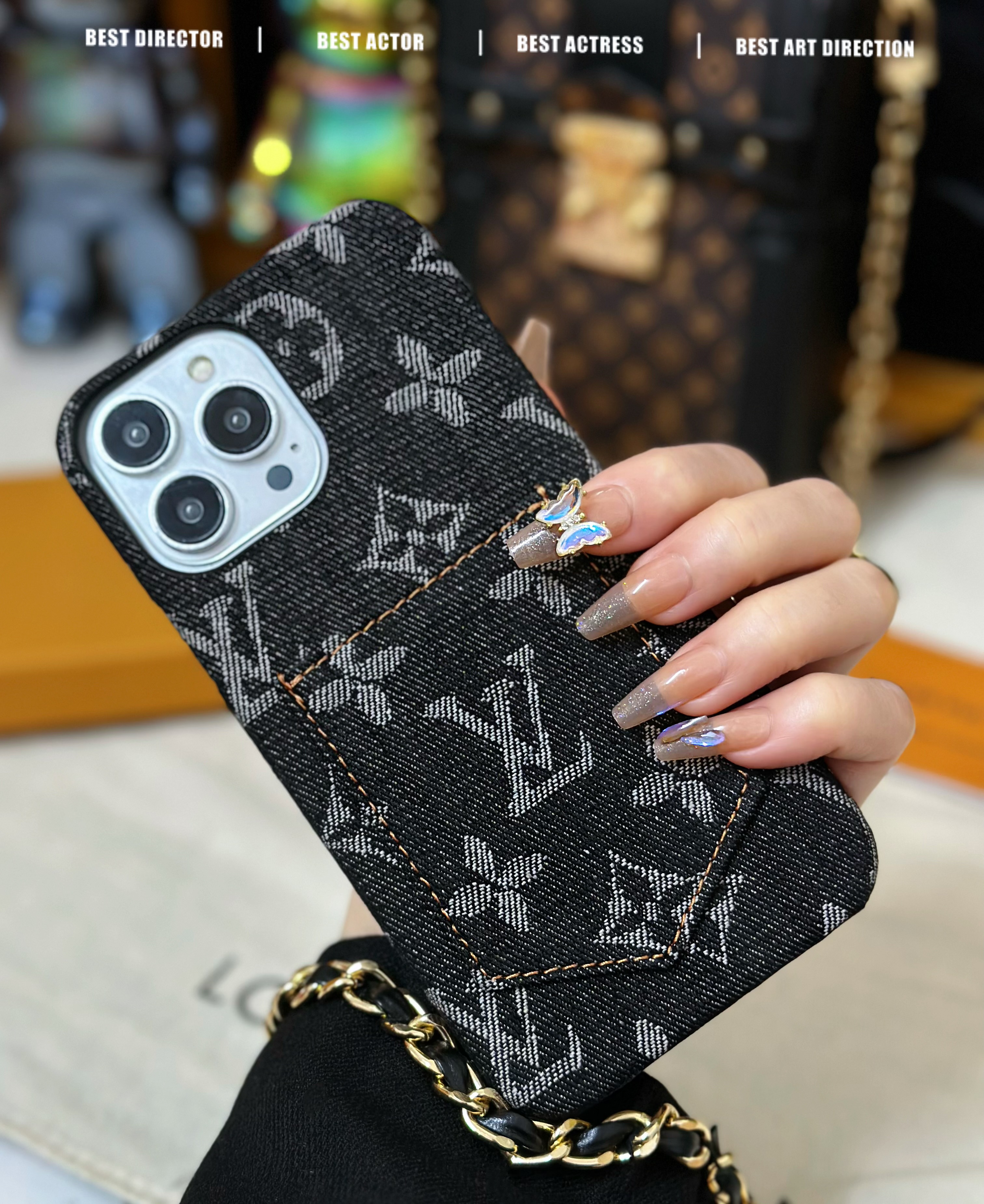 Denim Canvas LV Back Card Slot Apple iPhone Case