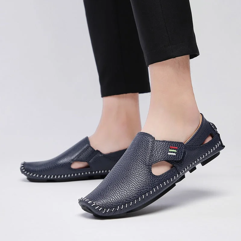 YRZL Loafers Men Breathable Driving Flats Velcro Casual Slip-on Shoes PU Leather Plus Size 48 Mocasines