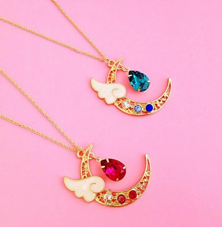 Blue/Pink Crystal Heart Drop Moon Necklace SP1711053