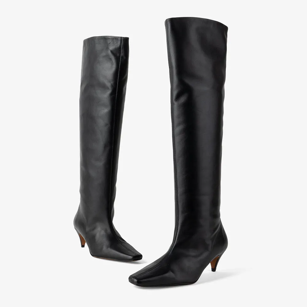 Women's Elegant Black Square Toe Kitten Heel Knee High Boots