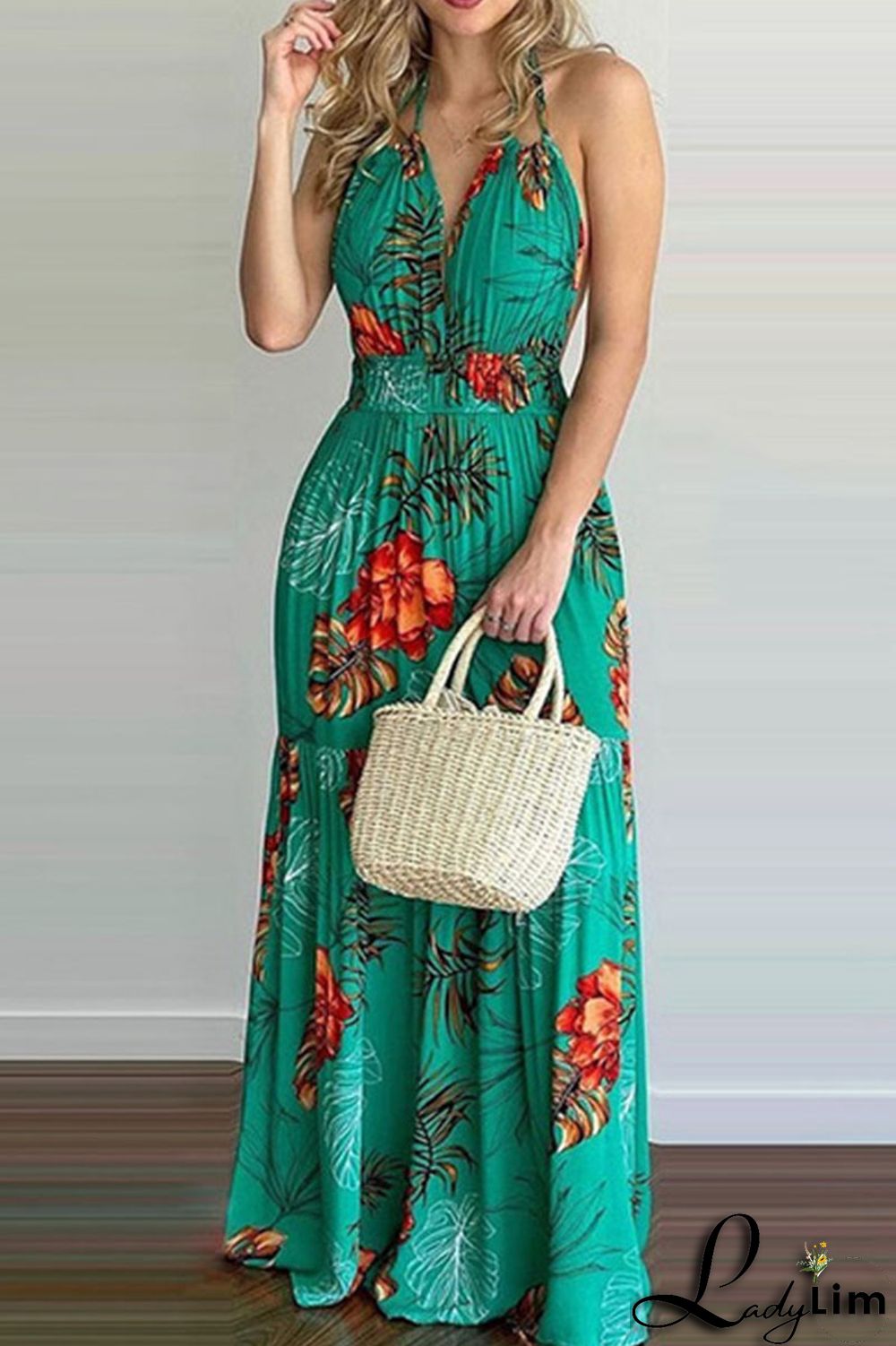 Yellow Sexy Print Split Joint Backless Halter Straight Dresses