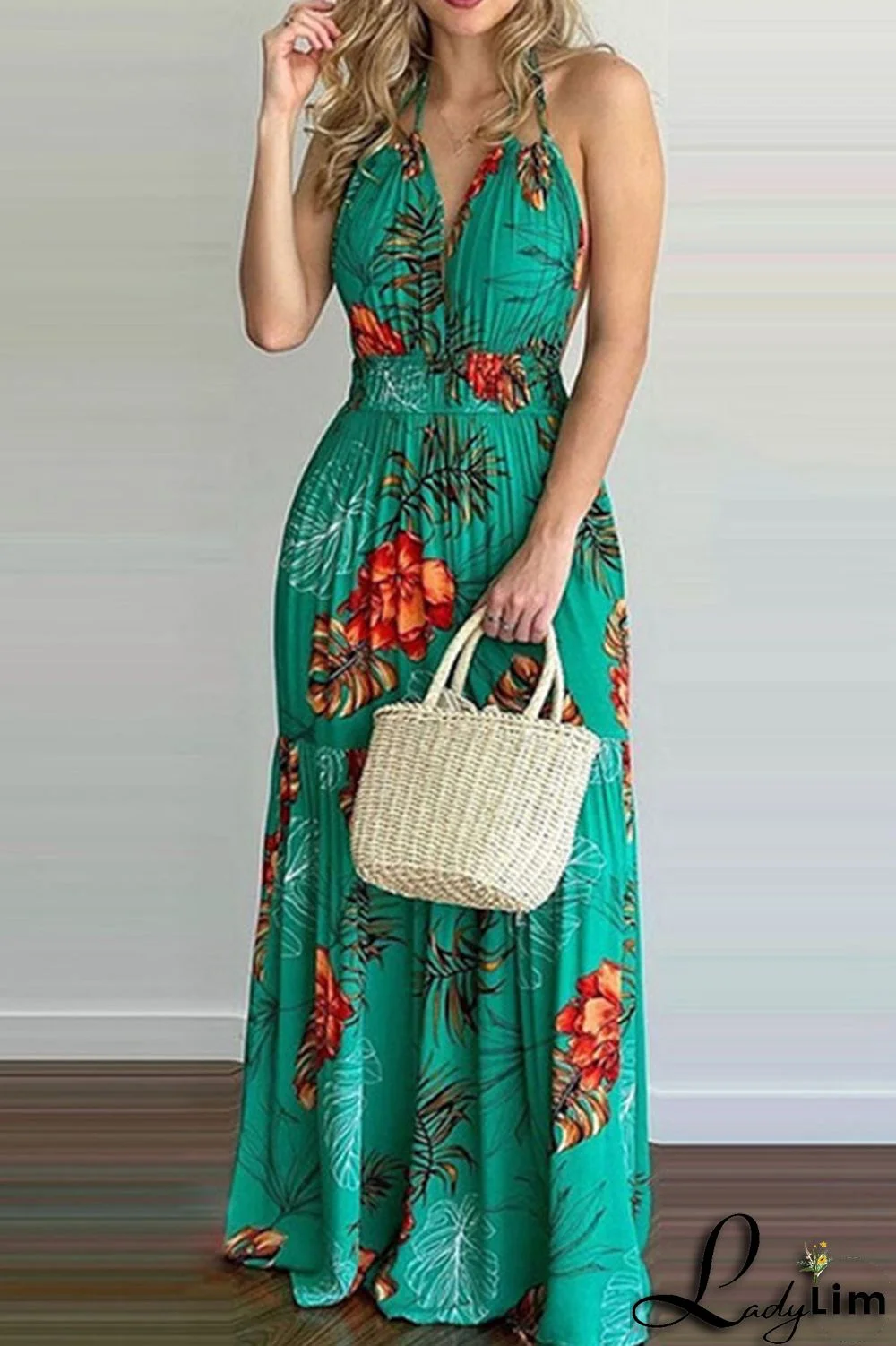 Yellow Sexy Print Split Joint Backless Halter Straight Dresses