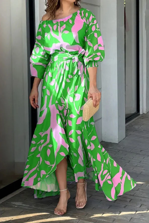 Natural Print Pretty Lace-Up High Low Maxi Dress
