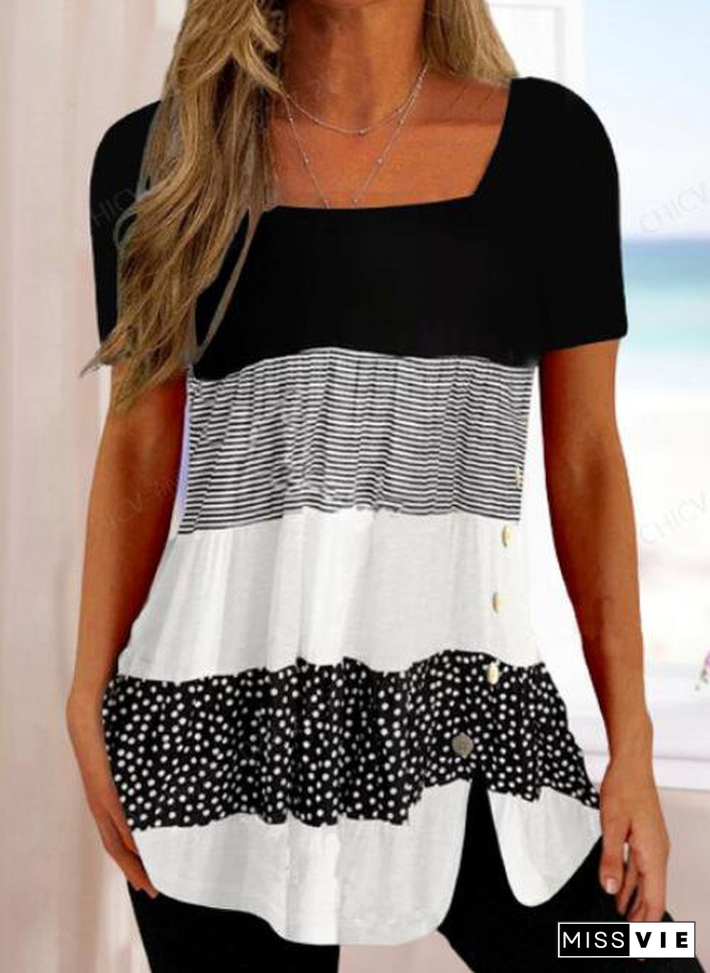Striped Square Neck Loose T-Shirt