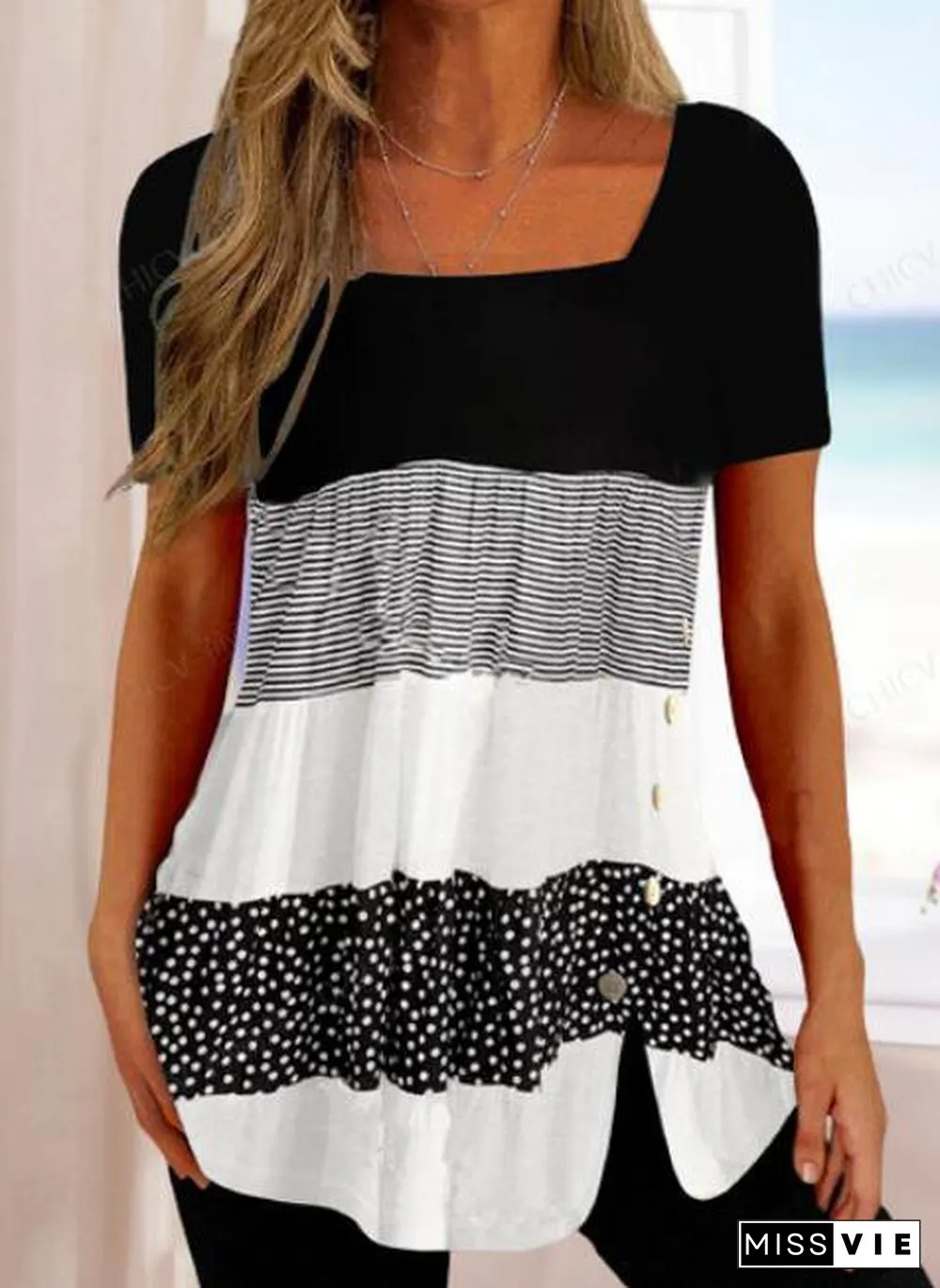 Striped Square Neck Loose T-Shirt