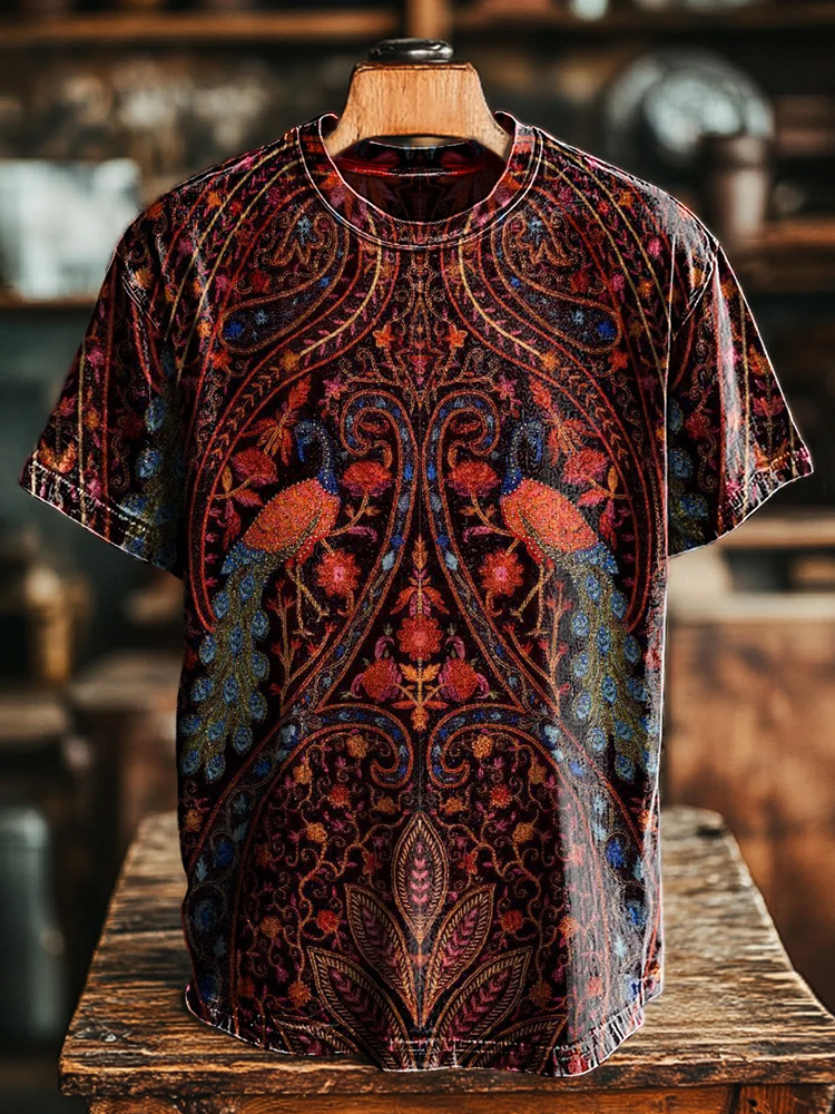 Vintage Ethnic Peacock Floral Print Casual Loose T-shirt
