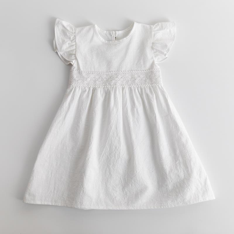 Rotimia Lace flying sleeve pleated cotton linen dress
