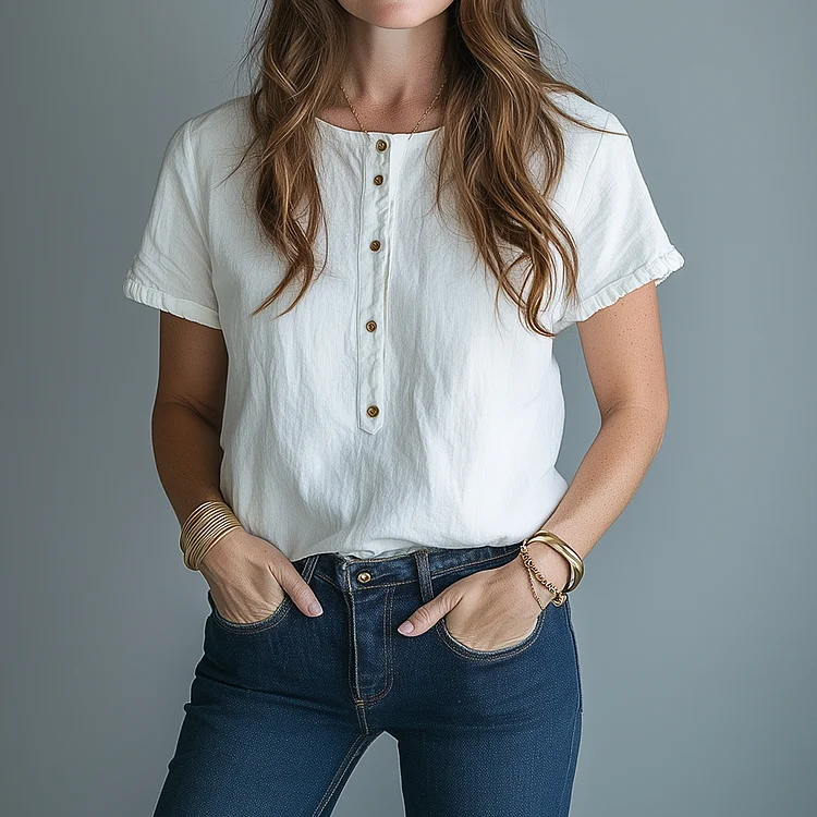 Ursime Linen Half Button Short Sleeve Blouse
