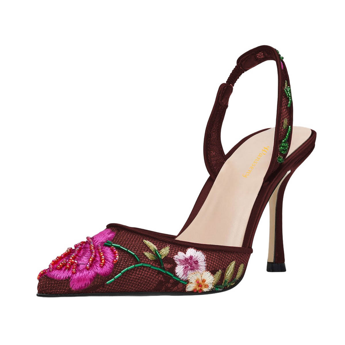 Burgundy Flower Embroidered Stiletto Heel Beaded Slingback Pumps Nicepairs