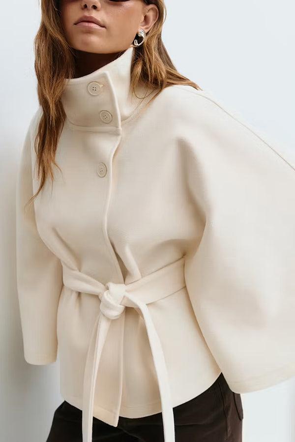 Women's Plain Front Buckle Belted Woolen Cape Coat, Casual Fall & Winter Outerwear, Stylish Daily Wear for Dating, Jackets