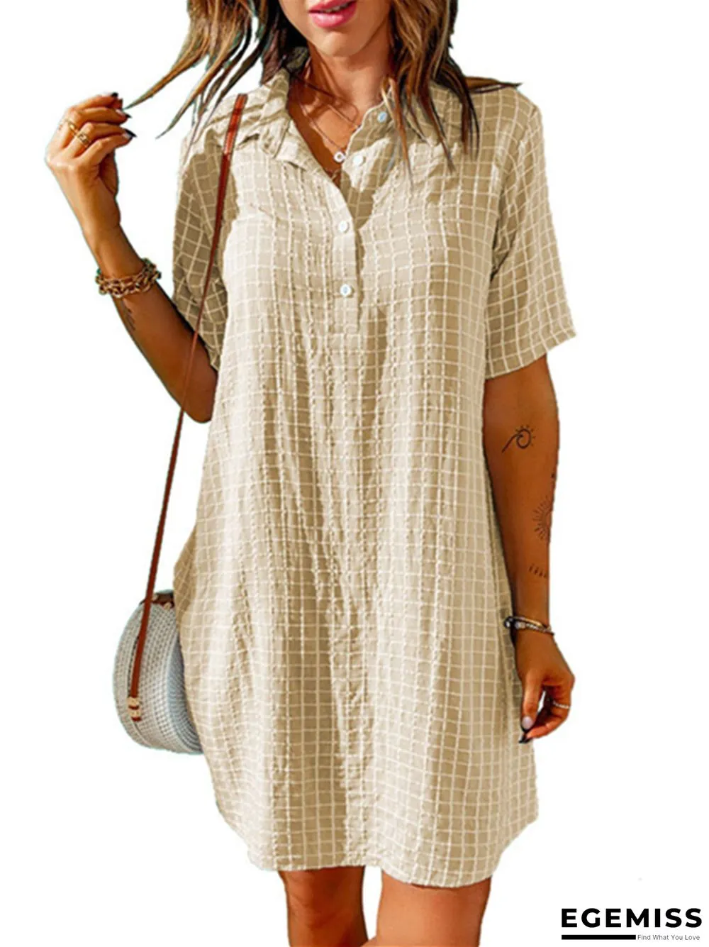 Women's Casual Shirt Short Skirt Lapel Plaid Loose Short Sleeve Dress White Dress | EGEMISS