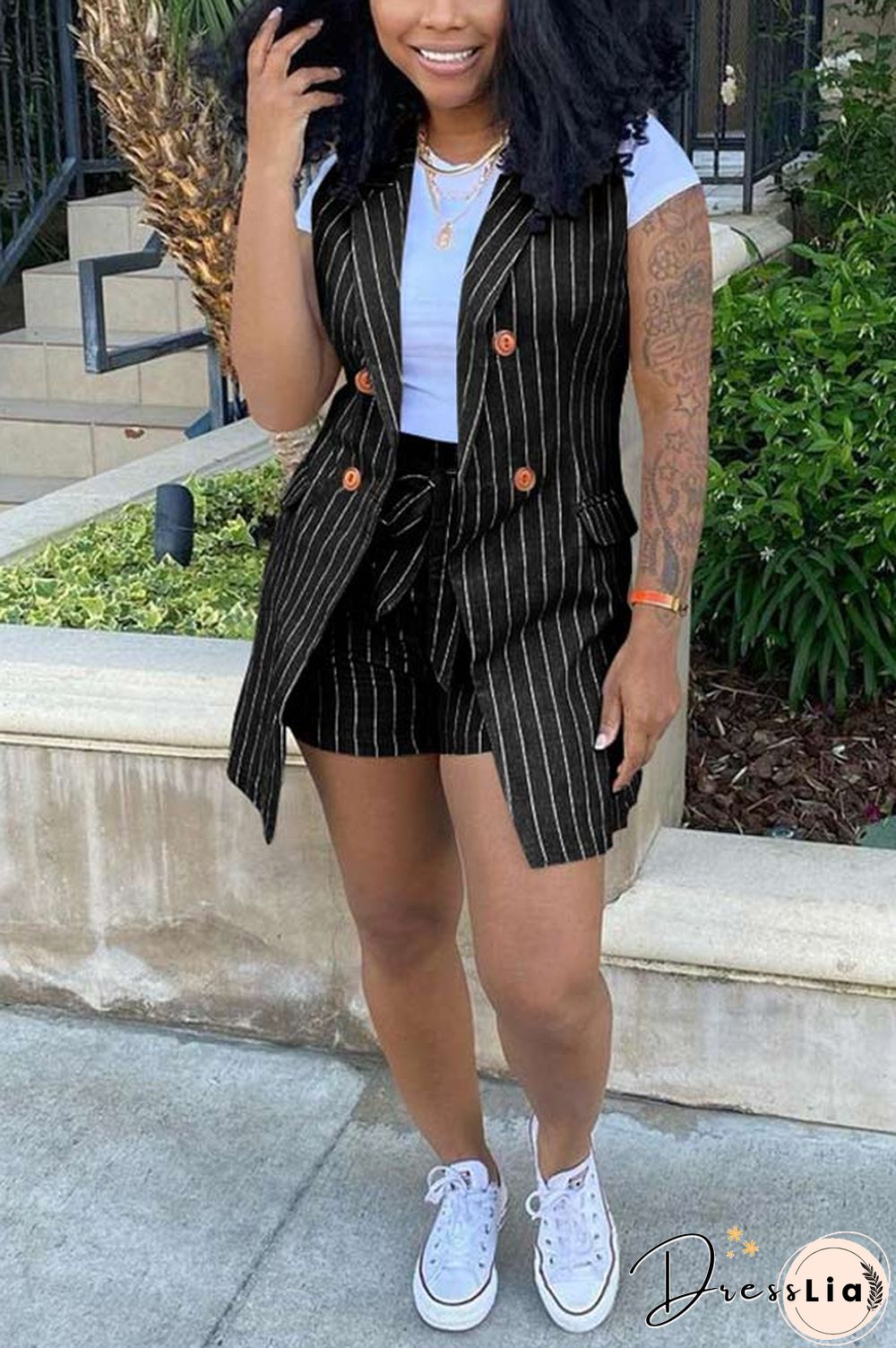 Casual Stripe Print Vest Jacket Shorts Set