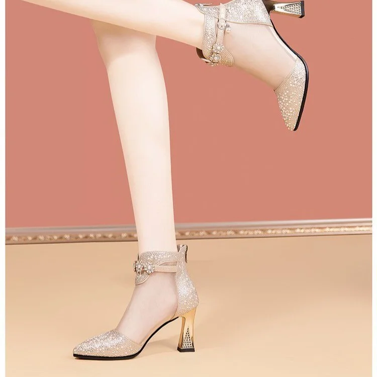 Wongn Wongn Korean Rhinestone Net Boots Women's Middle Heel Hollow Sandals Women's Thick Heel Back Zipper Women's Singles Boots