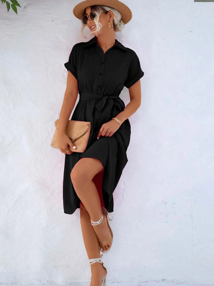 Shirt Button Up Party Short Sleeve Midi Dress