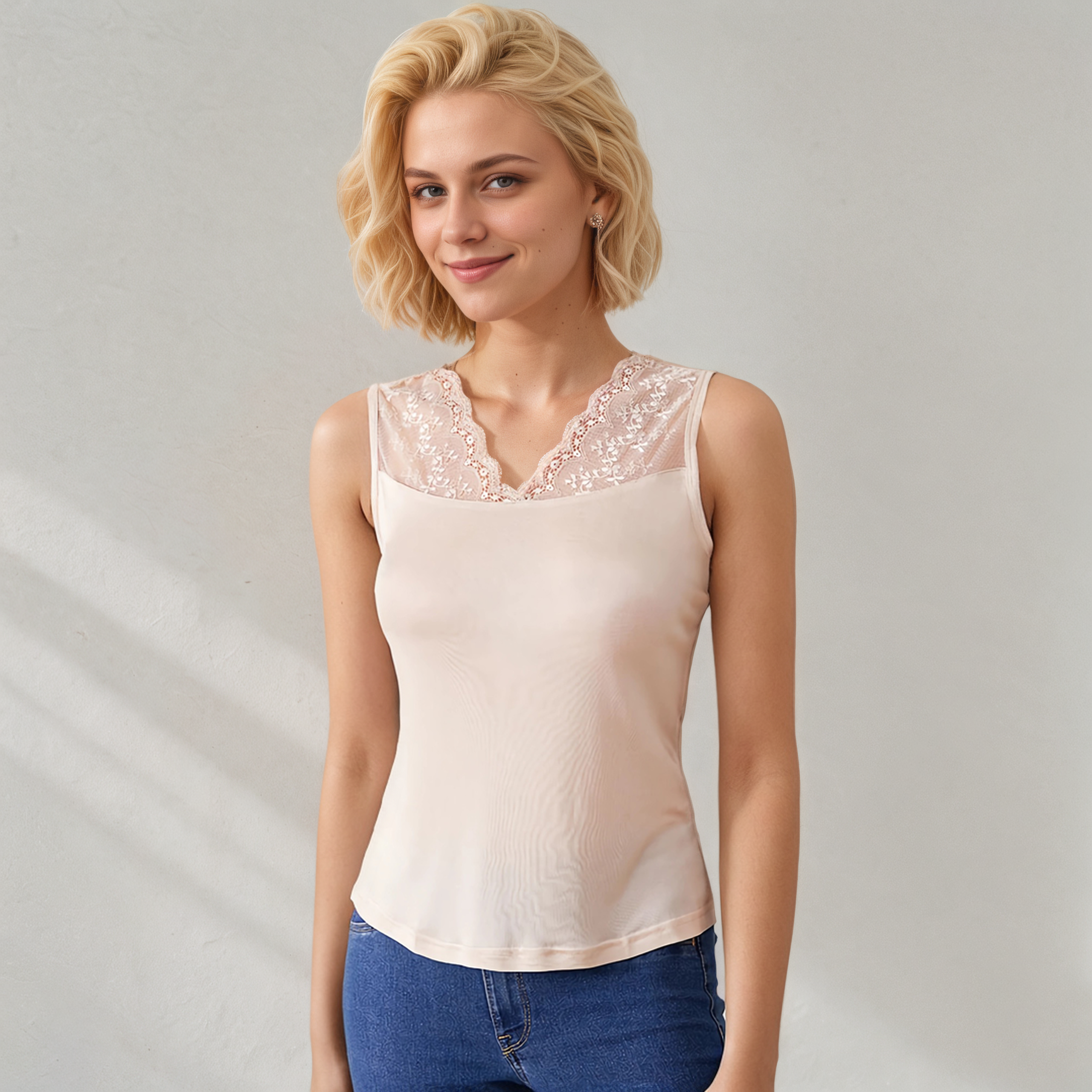 Silk Tank Knitted Lacey Neckline Style REAL SILK LIFE