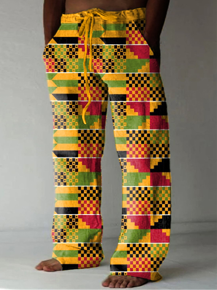 Men's African Kente Pattern Linen Blend Pants