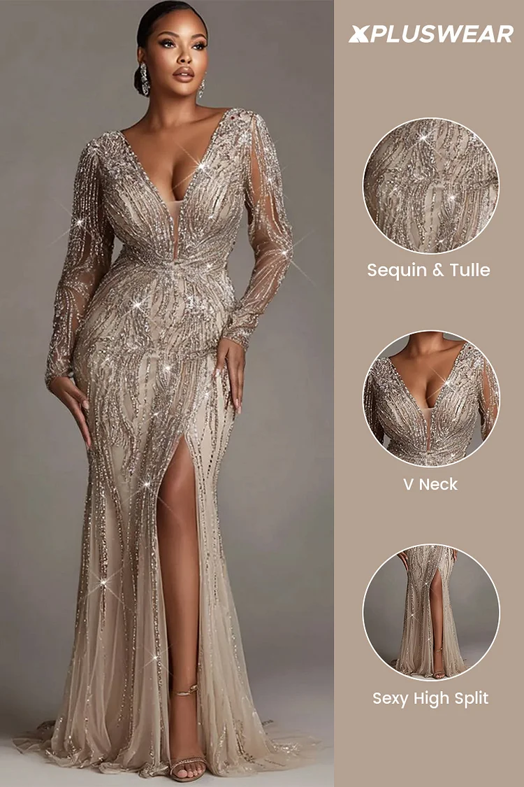 Xpluswear Design Plus Size Wedding Tulle Silver V Neck Long Sleeve Split Elegant Bodycon Sequin Maxi Dresses [Pre-Order]