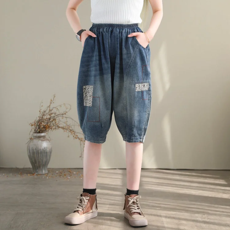 Women Casual Patchwork Loose Cotton Denim Shorts