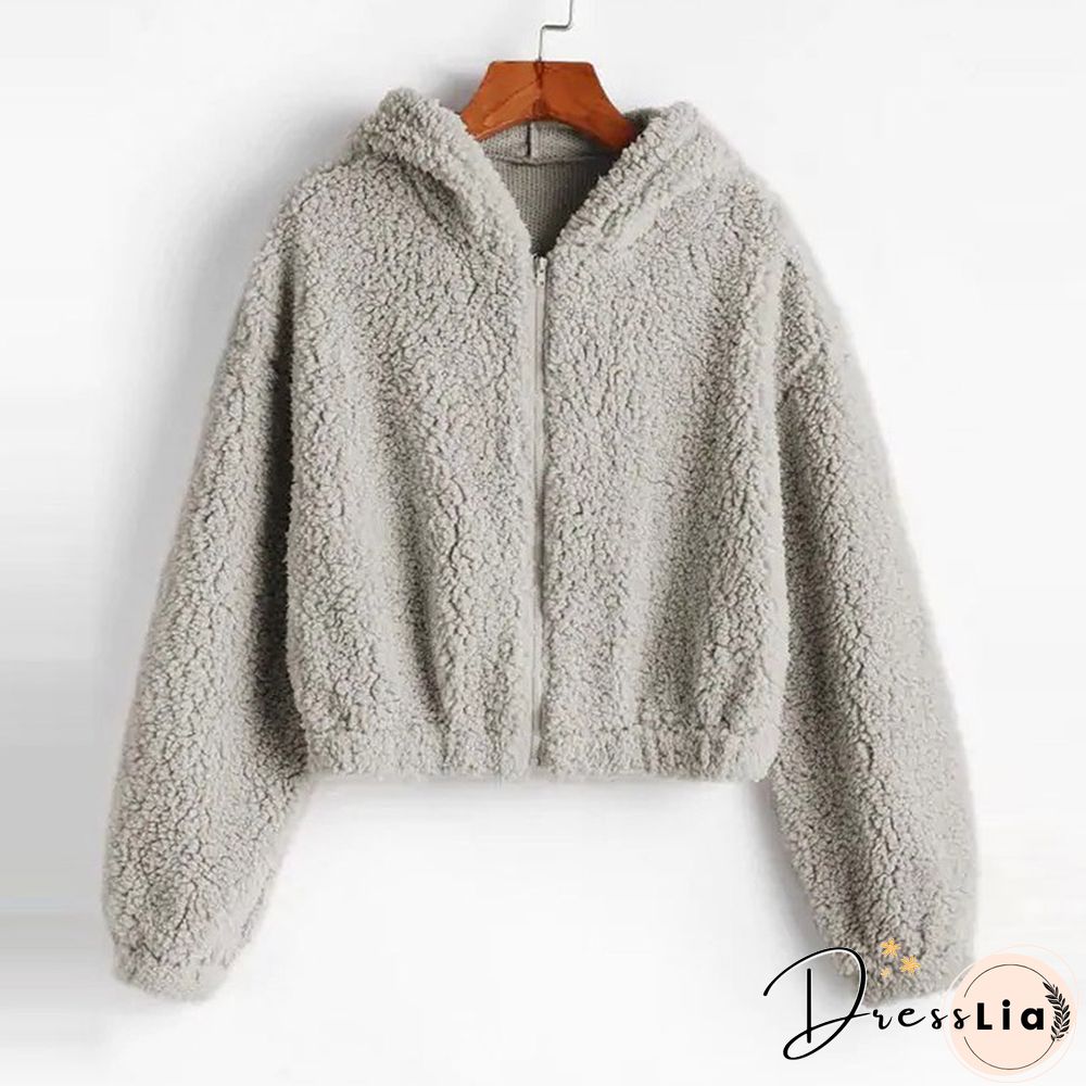 Women Sweatshirt Solid Zipper Long Sleeve Fluffy Plush Sweatershirt Hoodie Tops Women's Hoodie