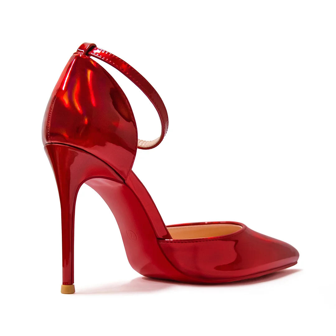 100mm Women's Ankle Strap Pointed Toe Pumps Wedding Party Red Bottoms High Heels Stiletto Shoes-MERUMOTE
