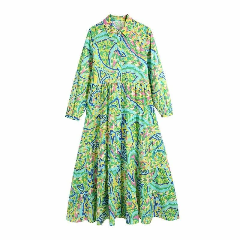 PUWD Oversize Women O Neck Straight Dress 2021 Spring-autumn Fashion Ladies Chinese Style Dress Female Printed Loose Dress