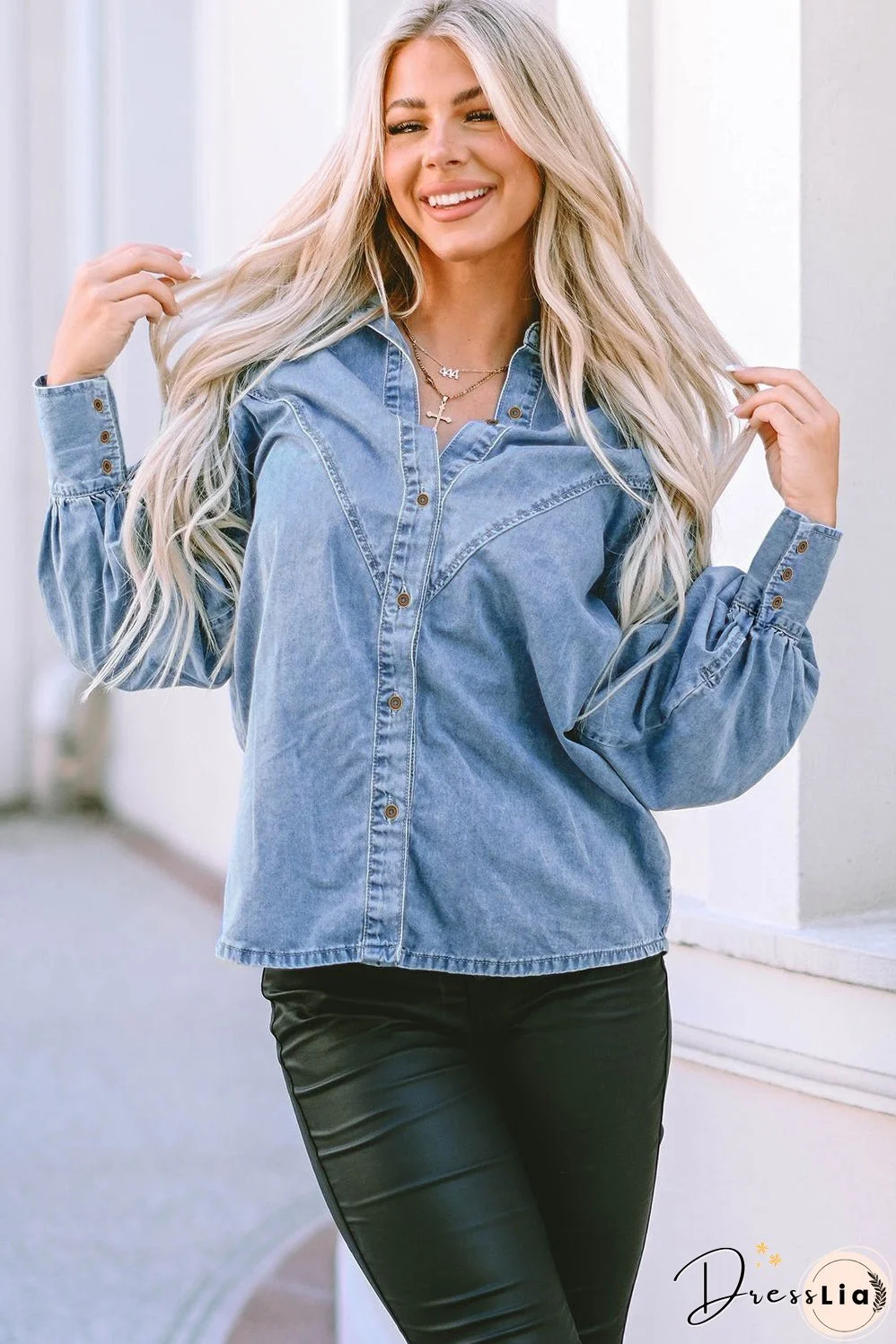 V-shape Stitching Puff Sleeve Denim Shirt