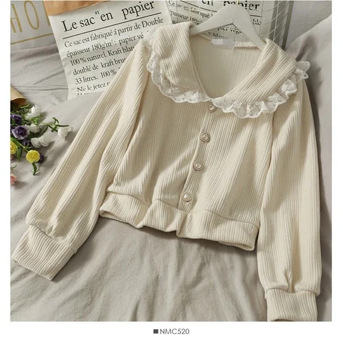Korobov Korean Vintage Lace Patchwork Female Shirts Office Lady Elegant Peter Pan Collar Blusas Mujer Single Breasted Blouses