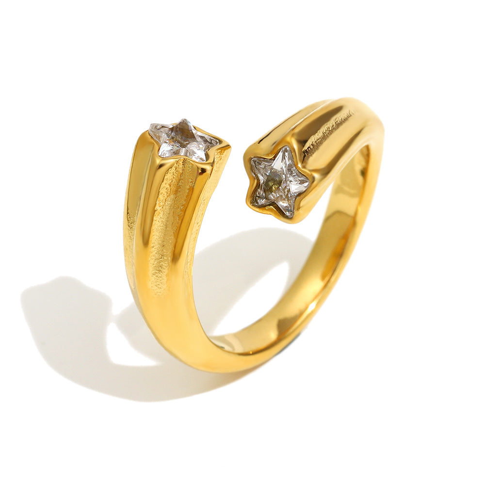 Niche Design Personality Hand Stainless Steel 18K Gold Plated Zircon Five-Pointed Star Open Ring