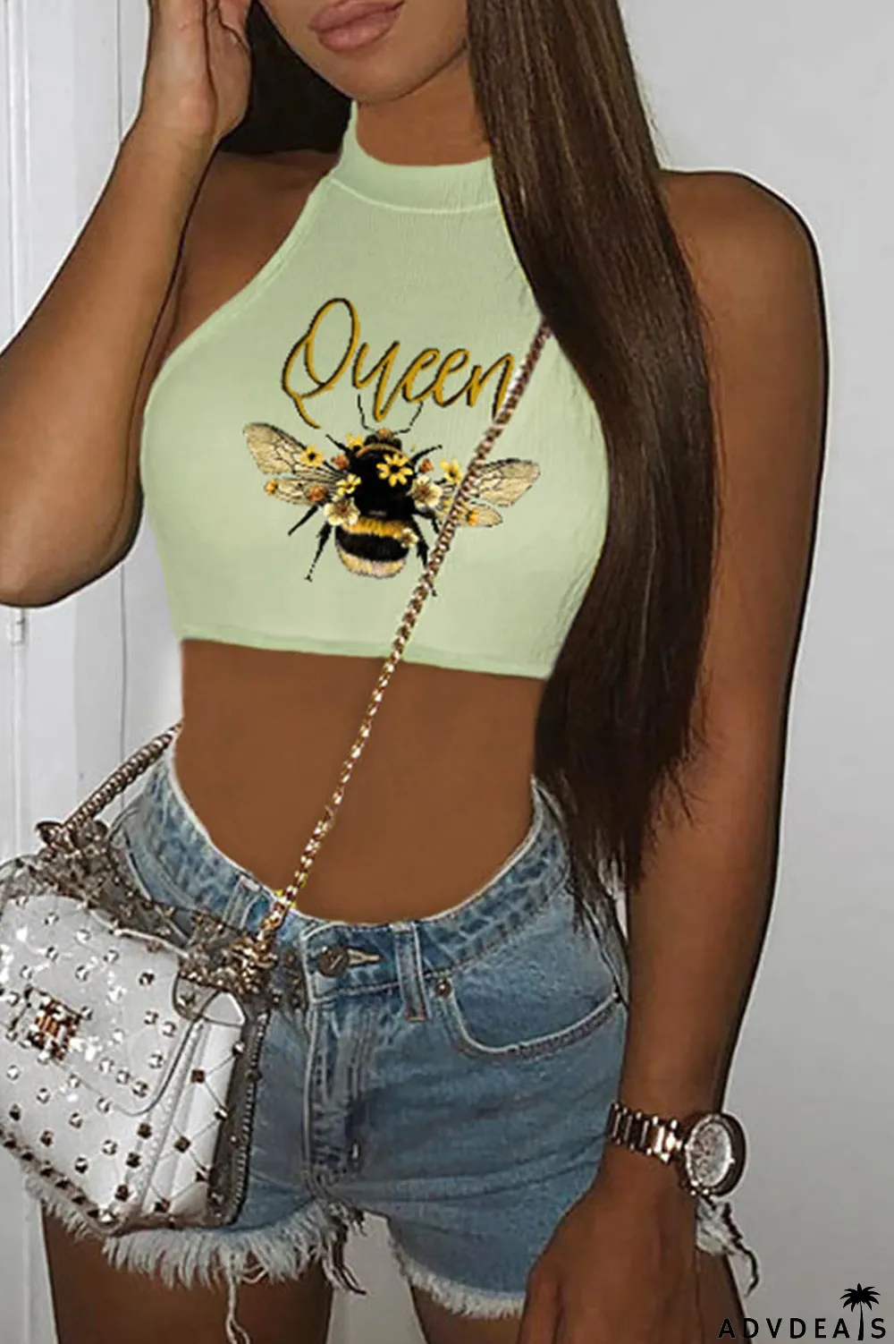 Khaki Casual Print Basic O Neck Tops