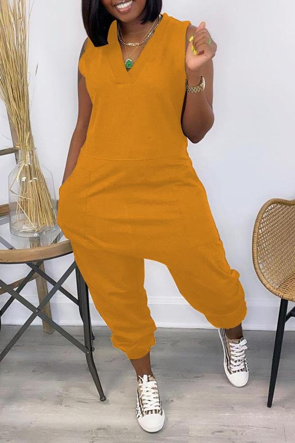 Casual Solid Color Loose V Neck Rompers