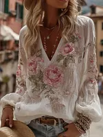 Women's Floral Embroidery Long-sleeved Linen Blend T-shirt