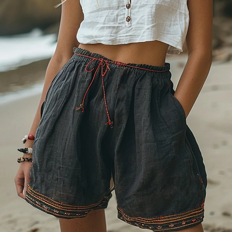 Retro Ethnic Casual Linen Shorts Bohemian Style Shorts