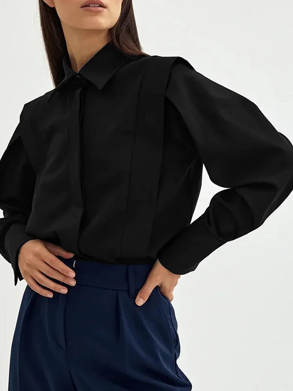 Buttoned Solid Color Long Sleeves Loose Lapel Blouses&Shirts Tops