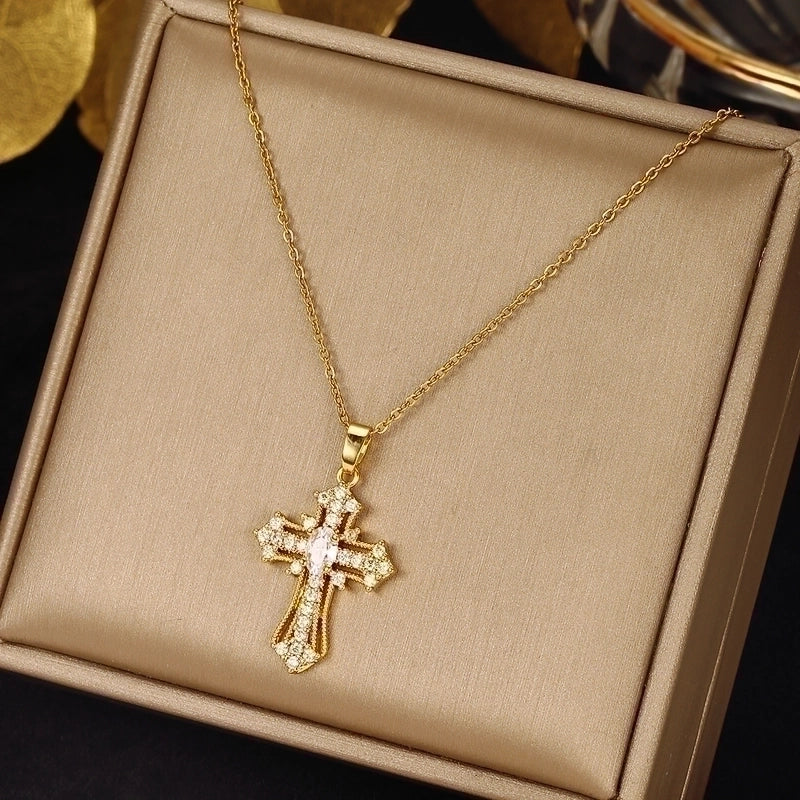 2 Pieces Ethnic Style Cross Stainless Steel Inlay Zircon Pendant Necklace