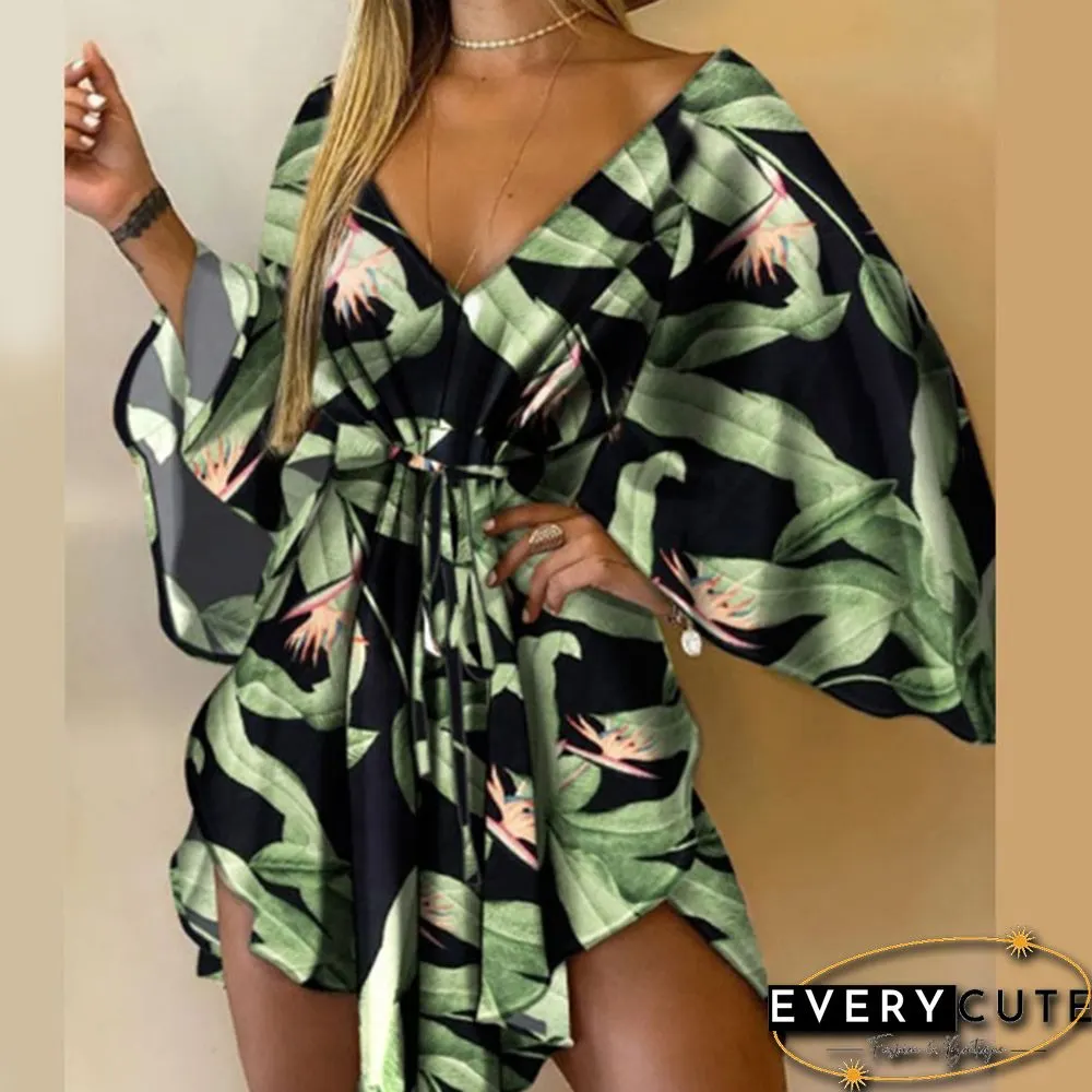 Casual Leaf Leopard Print Harajuku Batwing Sleeve Dress Lady Elegant Lace-Up Irregular