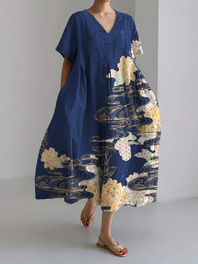 Comstylish Dreamy Flowers Japanese Art Linen Blend Maxi Dress