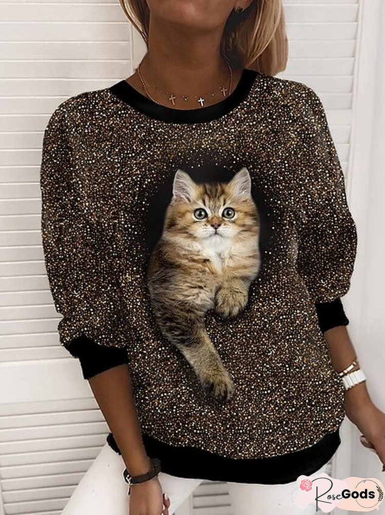 Casual Loosen Cat Round Neck Sweatshirt