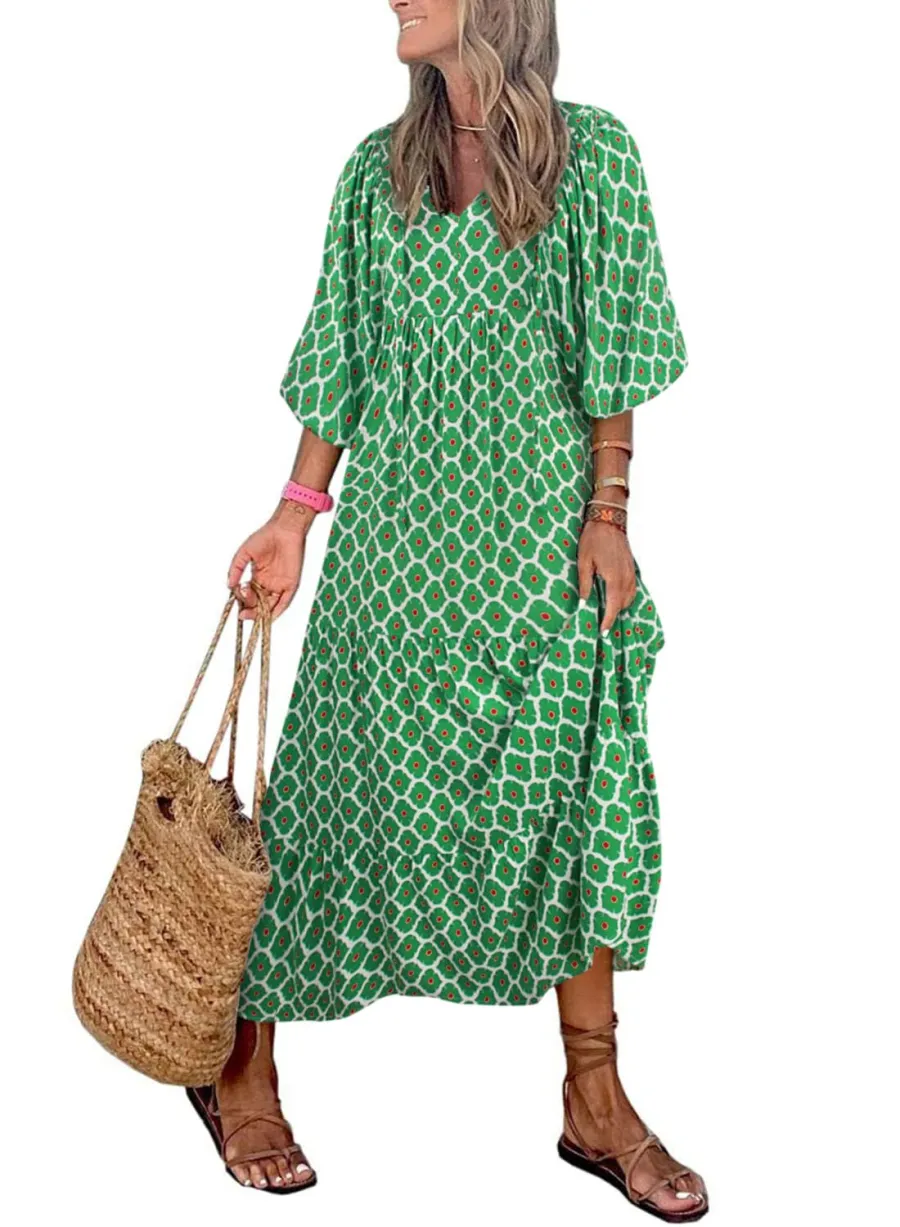 Women's Puff Sleeve Floral Boho Maxi Dress - tree - Codlins
