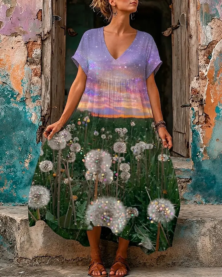 Women's Magical Dandelion Field Print V-Neck Short Sleeve Maxi Dress