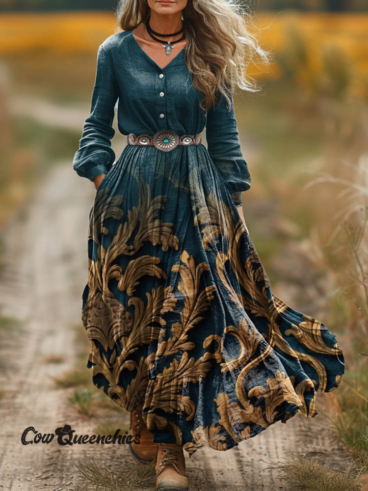 Women’s Classic Pattern Gradient Printed V-Neck Buttoned Dress Green / S