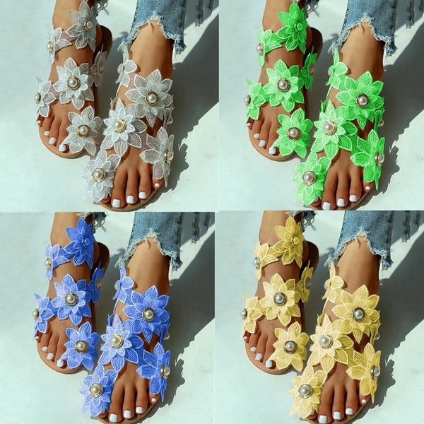 TeeYours Plus Size 35-44 Women's New Summer Sandals Multicolor Fashion Women Shoes Cute Lace Chiffon Pearl Flower Elegant Sandals - Shop Trendy Women's Fashion | TeeYours