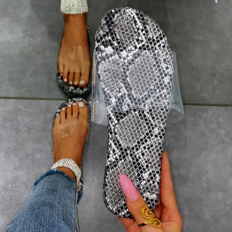 Summer Women Leopard Print Slippers Soft Comfortable Slides Beach Flip-flops Outdoor Sandals Transparent Shoes  Snakeskin Slides